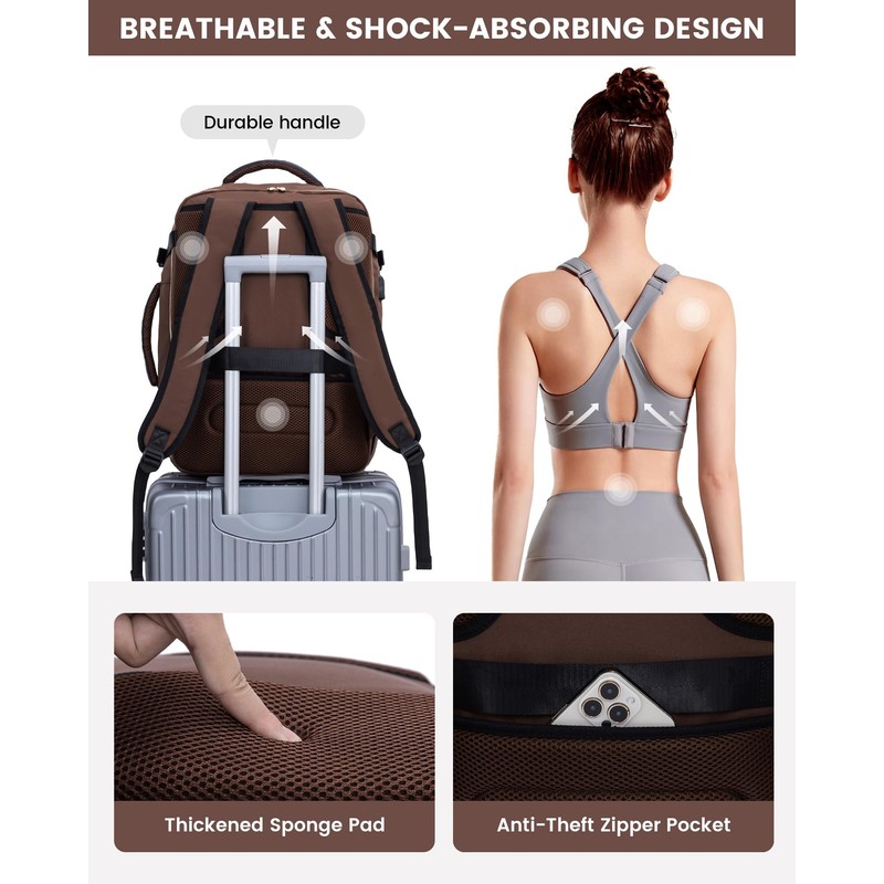 LOVEVOOK Women's Hand Luggage Backpack Large 40L, Dark Coffee Apricot