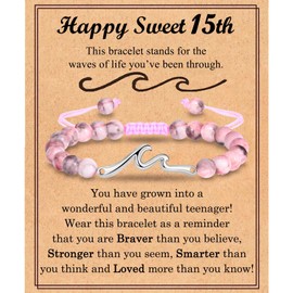 FIEEFX 15 Year Old Girls Birthday Gifts Ideas, 15th Birthday Gifts for Girls, Wave Birthday Bracelet Gifts for 15 Year Old Girl, Happy 15th Birthday Card for Teen Teenage Girls, Pink