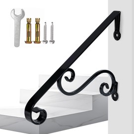 Yahpetes Hand Rails 1-2 Steps Porch Handrails Wrought Iron Handrail Grab Rail Single Post Railing 22.8"X 14.4" Black Stair Railing Bracket Metal Art Wall Mount Rail for Outdoor Step MLFS25