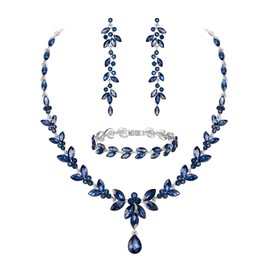 EVER FAITH Austrian Crystal Bridal Bridesmaid Jewelry Sets, Elegant Marquise Rhinestone Leaf Necklace Dangle Earrings Tennis Bracelet Set for Women Dark blue Silver-Tone