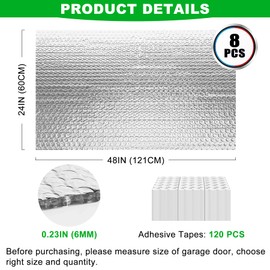 8P Garage Door Insulation Panels Kit 0.24"T Double Bubble Reflective Aluminum Foil 6MM Sheet Thermal Pre-Cut Insulation Shield 120 Tapes Winter Clod and Summer Heat for Attic Garage Wall (24" x 48")