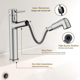 Bathroom Faucets with Pull Out Sprayer, Hurran Bar Sink Faucet with 2 Spout Patterns, High Level Basin Faucet with Pop Up Drain, Stainless Steel Single Handle Faucets, Chrome