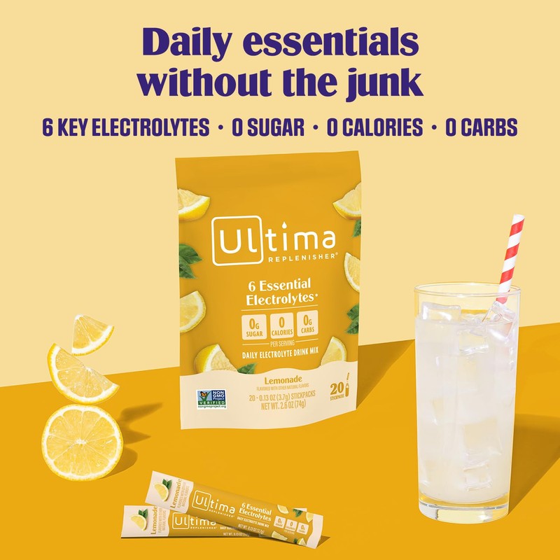 Ultima Replenisher Daily Electrolyte Powder – Lemonade, 20 Stickpacks –