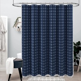 BTTN Boho Farmhouse Shower Curtain - Linen Rustic Heavy Duty Fabric Shower Curtain Set with Tassel, Water Repellent, Bohemian Vintage Country Thick Cloth Shower Curtains for Bathroom, Navy Blue, 72x72