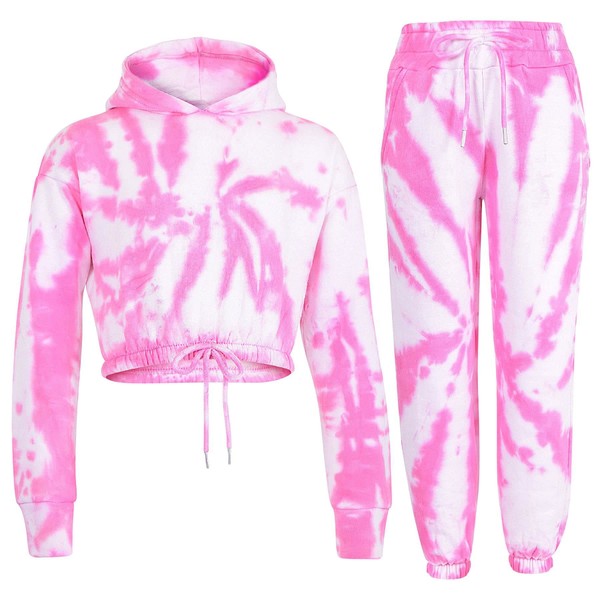 A2Z 4 Kids® Kids Girls Tie Dye Hooded Tracksuit with Jogger Sweatpants Gym Sports Clothing Drawstring Set Age 5 6 7 8 9 10 11 12 13 Years, Tie Dye Pink