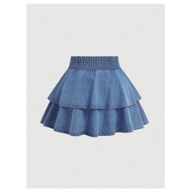 WDIRARA Women's Plus Size Bow Mini Denim Skirt Layered Ruffle Elastic Waist A Line Jean Skirts Light Wash Blue 3X-Large Plus