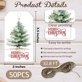 Christmas Gift Tags with String, Wishes Merry Christmas Tags, 2 x 3.5 Inch Writable Hanging Labels, Celebrating Party Supplies for Present Wrapping, DIY Craft, Xmas Tree, Home Decor(50Pcs)-B23