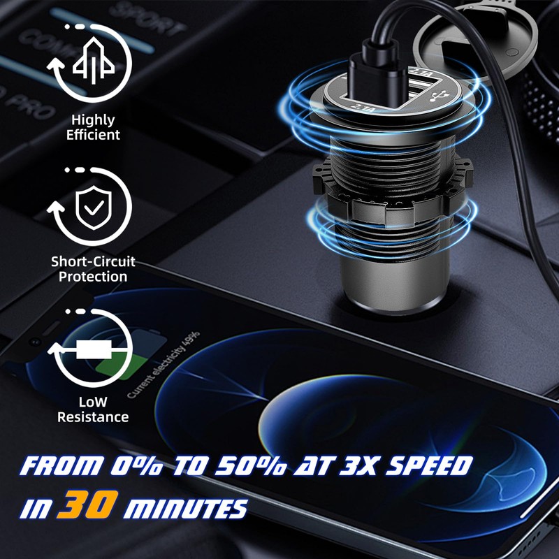 12V USB Outlet Wire USB Charger, 3 Port 12V/24V Charger