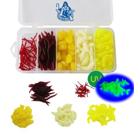 Njord Kalastus Trout Rubber Bait 150 Pieces in Tackle Box Fishing Artificial Bee Maggots UV Active Artificial Corn Redworm Larva Trout Bait Rubber Set Trout Bait Fishing Set (150 x Rubber Bait Mix)