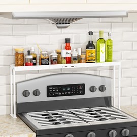 ZDDLOINP Stove Top Shelf for Curved Stove, Expand 27 to 33 Inch Spice Rack, 4 Level Adjustable Height Spice Shelf, Over the Stove Shelf for Back of Stove Spice Rack Organizer for Countertop, White