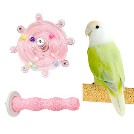 Bird Toys Stand Perch Set: Interactive Wheel & Standing for Chew Beak Paw Grinding Exercise - Small Medium Parakeets Parrots Cockatiels Conures Budgies Lovebirds Finches Cage Accessories (02 Pink)