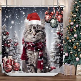 FILMILIL Merry Christmas Cat Shower Curtain Winter Cute Cats Xmas Balls Snowflakes Rustic Kitty Pet Lover Snow Happy Holiday New Year Festive Bathroom Curtain Set Polyester Fabric Hooks 70 X 70 Inch
