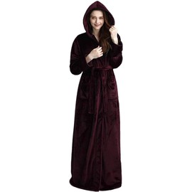 Artfasion Robes for Women with Hood Long Soft Warm Full Length Bathrobes Luxurious Plush Fleece Winter Robes Wine Red Medium