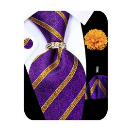 Kerfado 5PCS Tie and Pocket Square for Men, Silk Necktie and Handkerchief Cufflinks with Gold Ring and Lapel Pin Set (Gold and Purple Tie Set -37)