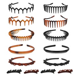 FHDUSRYO 10Pcs Elastic Tooth Headband with 4Pcs Clips, Zig Zag Headbands Non Slip Hair Bands for Women Girls, Wavy Sharks Tooth Hair Comb for Men, Ladies (6 Styles, Black and Brown)