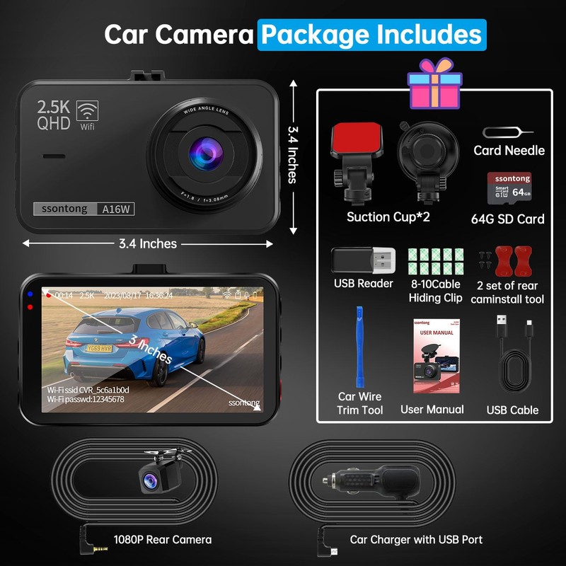 Dash Cam Front and Rear, Dashcam WiFi/APP Control Car Camera