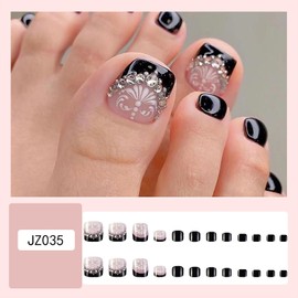 Press on Toenails with Flower Designs, Artificial French Black Fake Nails for Toe, Full Cover Rhinestone Coffin Acrylic False Nails, Glue on Toenails with Charm, Stick on Toe Nails for Women(JZ035)