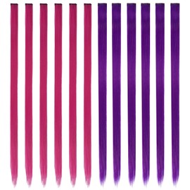 FESHFEN Farbige Haarverlängerung, 12 PCS Rose Lila Haarteil für Damen Synthetik Party Highlight Bunte Glatte Haarverlängerungen Clip in Haarteil für Frauen, 55cm