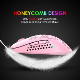 Ultralight Wired Gaming Mouse, Ergonomic Lightweight Honeycomb Shell Design, 4 Types of RGB Backlit Mice, 4 Adjustable DPI up to 2400, Optical USB Mice (Pink)