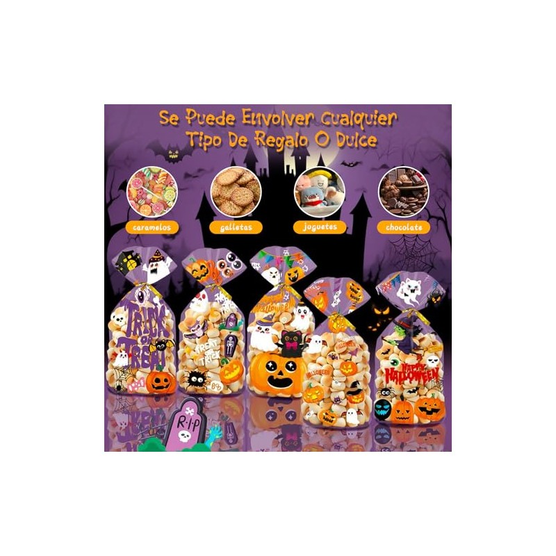 Yakiter 100Pcs Bolsas de Celofán para Halloween,Embalaje Bolsa de Halloween,5