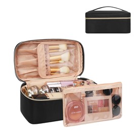 MONSTINA Makeup Bag with Detachable Small Gadget Bag,Large Capacity Portable Cosmetic Organizer,Waterproof Travel Toiletry Bag with Divider for Lipstick,Gifts for Girls and Women,Black Small