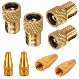 Anodized Aluminum Alloy Bicycle Dust Covers Presta Tire Valve Caps and Copper Presta to Schrader Bike Valve Adaptor Tube Pump Air Compressor Tools Set Gold