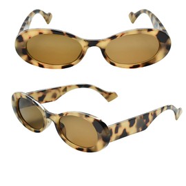 LEMON GRASS Rounded Retro Thick Rimmed Vintage Narrow Oval Flat Lens Slim Wide Arms Fashion Sunglasses - Tortoise Frame Brown Lens