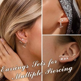 Thunaraz 9 Pairs Earrings Sets for Multiple Piercing Hypoallergenic 14K Gold Plated Small Huggie Hoop Earrings Tiny Ball CZ Gold Flat Back Stud Earrings for Women Lobe Silver Helix Cartilage Earrings