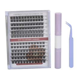 2 In 1 Eyelash Extension Kit DIY Portable Individual Volume Eyelash Cluster with 10ml Liquid C+D 12 Rows 144 Clusters
