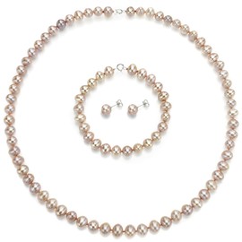 Sterling Silver 5.5-6mm Pink Freshwater Cultured Pearl Necklace, Bracelet and Stud Earrings Set