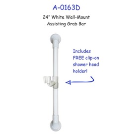 24 in MedGear Wall-Mount Bath Assisting Grab Bar, White & Includes Clip-On Shower Head Holder