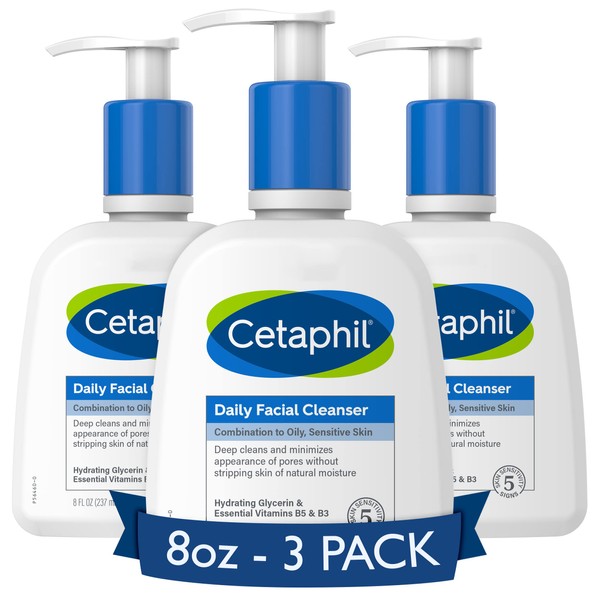Cetaphil Face Wash, Daily Facial Cleanser for Sensitive, Combination to Oily Skin, NEW 8 oz 3 Pack, Gentle Foaming, Soap Free, Hypoallergenic