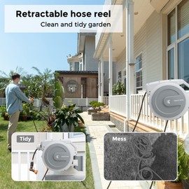 Giraffe Tools 5/8'' Retractable Garden Hose Reel 90FT Wall Mounted, Heavy Duty, Auto Rewind System, Any Length Lock, 180° Swivel Bracket with 9 Pattern Nozzle, Light Grey