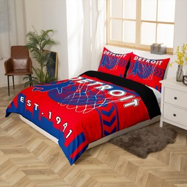 Juego de funda de edredón de baloncesto para niños, tamaño individual, juego de pelota deportiva moderno, juego de pelota roja y azul, decoración de habitación de niños, funda de edredón de Detroit