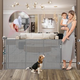 Punch Free Retractable Baby Gates, Reinforced 75 Inch Wide Baby Gate No Drill Retractable Gate Outdoor/Indoor with Reinforced Strips, Mesh Baby Gate Retractable Dog Gate for Doorways No Drill, Gray