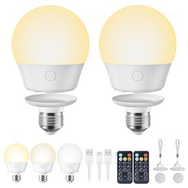 Brightown E26 Rechargeable Light Bulb with Remote Timer and 3 Color Temperatures, Battery Backup Bulb for Sconces and Lamps, E26 Detachable Charging for Non-Hardwired Fixture, Dimmer, 700LM
