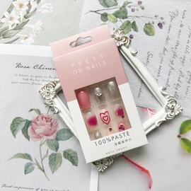 Valentine's Day Fake Nails Short Square Press on Nails 24Pcs Heart Full Cover False Nails with Designs Sliver Pink Exquisite Rhinestone Glossy Acrylic Stick on Nails for Women Valentine's Nail Art