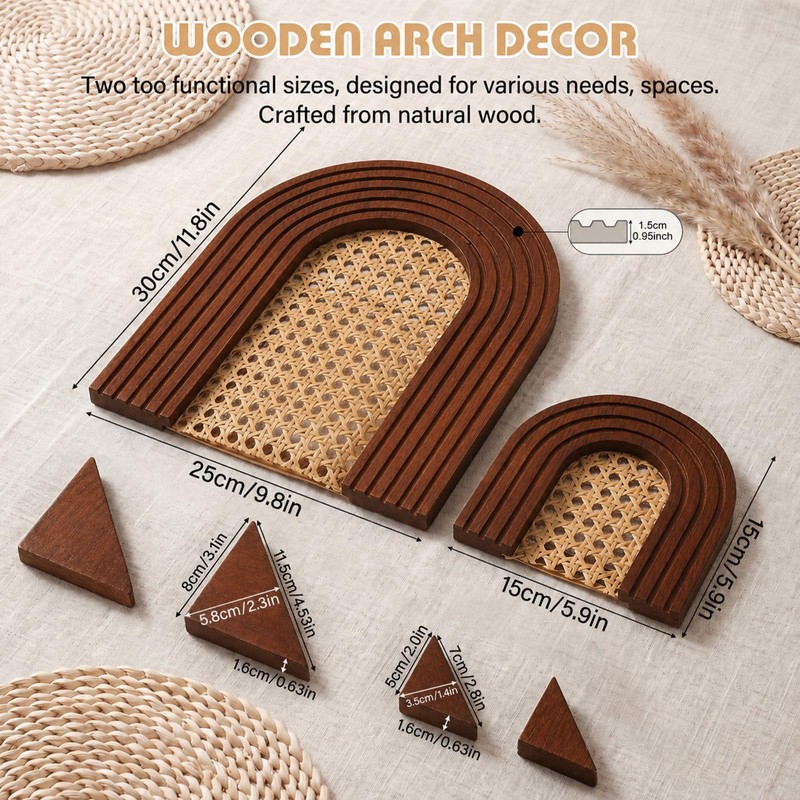 2 Sets Wooden Arch Decor Rattan Shelf Boho Wall Decor