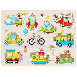DELUXEFOX Children's Wooden Puzzle, Montessori Educational Toy, Shape Recognition, Color Sensation, Brain Training, Toy for Boys and Girls, Kindergarten, School Entrance, Celebration, Gift, Birthday Present (Transportation)
