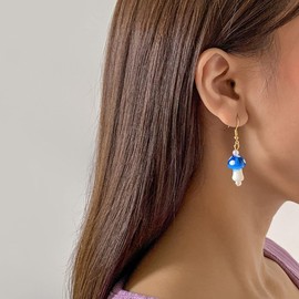 Cute Mushroom Dangle Drop Earrings Creative 3D Simulation Lightweight Mushroom Pearl Earrings Handmade Funny Food Vegetable Mushroom Earrings for Women Teen Girls (Blue)