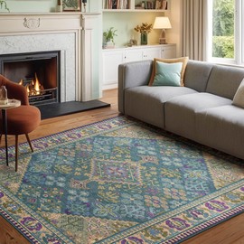 8x10 Area Rugs for Living Room, Stain Resistant Machine Washable Rug, Non Slip Backing Boho Rugs for Bedroom, Printed Soft Vintage Carpet Teal Green Purple 8 x 10