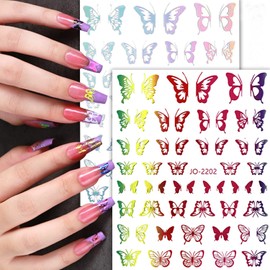 12 Colors Butterfly Nail Art Stickers, 3D Butterfly Self-Adhesive Sticker Design, Laser Gold Silver Red Black White Pink Yellow Green Butterflies Nail Transfer Decals for Women Manicure Decorations