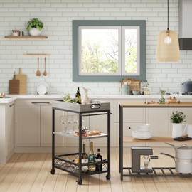 IDEALHOUSE Bar Cart, Bar Carts for The Home, Bar Carts on Wheels, 3 Tier Bar Cart with Wine Rack, Wheel Locks (Grey)