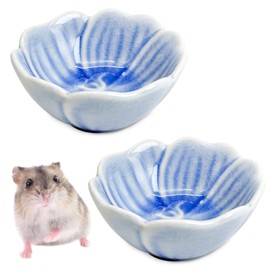 BNOSDM 2 Pcs Hamster Ceramic Food Bowl Flower Series Gerbil Drinking Bowls Anti-Turning Food & Water Dish for Dwarf Syrian Hamsters Gerbil Chinchilla（Blue, Narcissus Pattern）