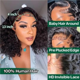 12 Inch Bob Wig Human Hair 220% Density 13x4 Deep Wave Lace Front Wigs Human Hair Curly Wigs for Black Women Short Bob Wigs Wet and Wavy Lace Frontal Wig