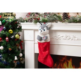 HollyHOME Christmas Stockings Animated Husky Puppy Plush Head Stockings with Music and Flapping Ears Hanging Xmas Decoration Gift Socks Ornament 19 Inch