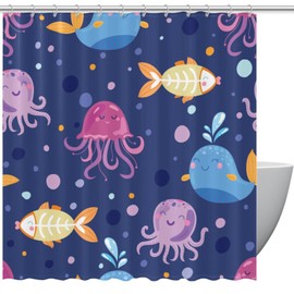 Shower Curtains for Bathroom, Fabric Shower Curtain with Hooks, Stylish Modern Curtain, Bath Decor, Cartoon Jellyfish Whale Sea Animal Lovely