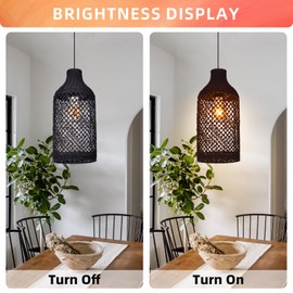 Arturesthome 1 Light Boho Black Rattan Pendant Light Fixture, Farmhouse Ceiling Chandelier, Retro Wicker Hanging Lamp for Kitchen Island Sink 8.6" 19.6"