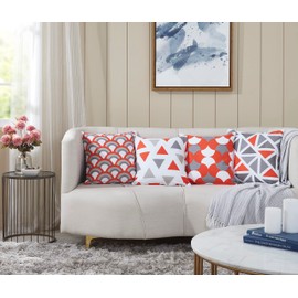 Penguin Home Set of 4 100% Slub Cotton Fabric Cushion Covers 45cm x 45cm Double Sided Square Pillow Covers with Invisible Zipper Pillow Cases for Living Room, Bedroom, Sofa (Orange/Grey)