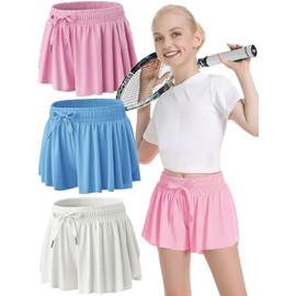 MODERN ASIR 3 Pack Girls Flowy Shorts with Spandex Liner 2-in-1 Youth Butterfly for Fitness, Running, Sports(WBP 11-12years)